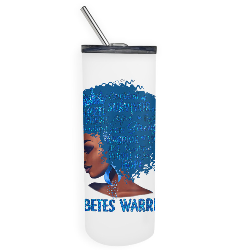 Black Woman Afro African Type 1 Diabetes Warrior Ribbon Blue T Shirt Skinny Tumbler | Artistshot