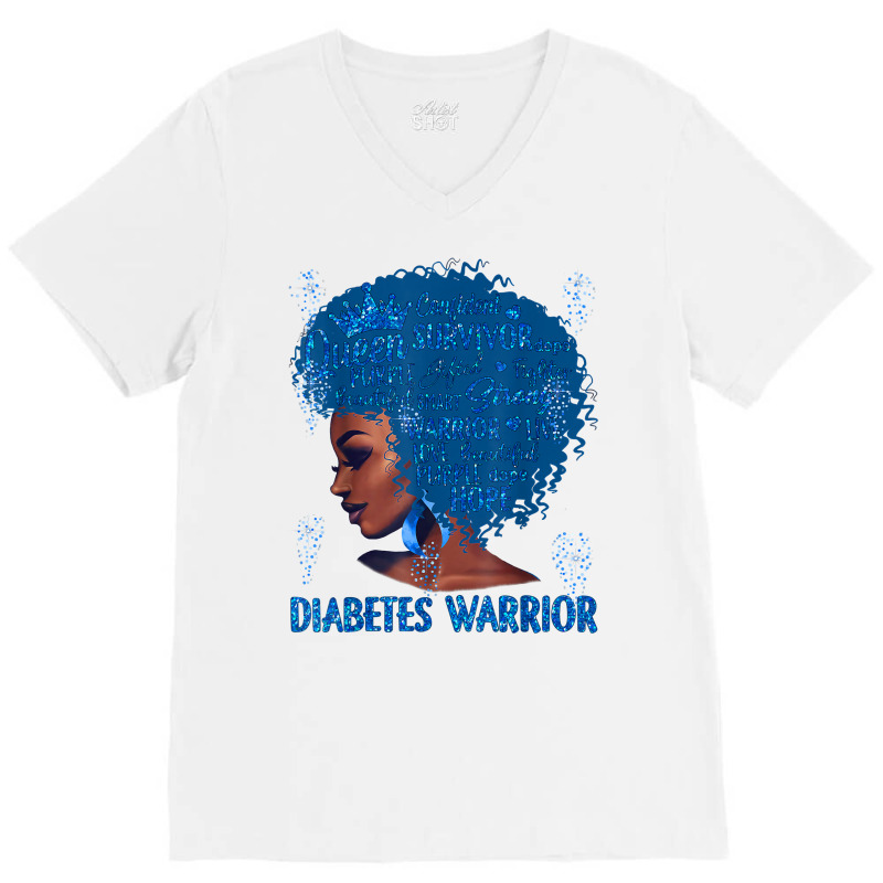 Black Woman Afro African Type 1 Diabetes Warrior Ribbon Blue T Shirt V-neck Tee | Artistshot