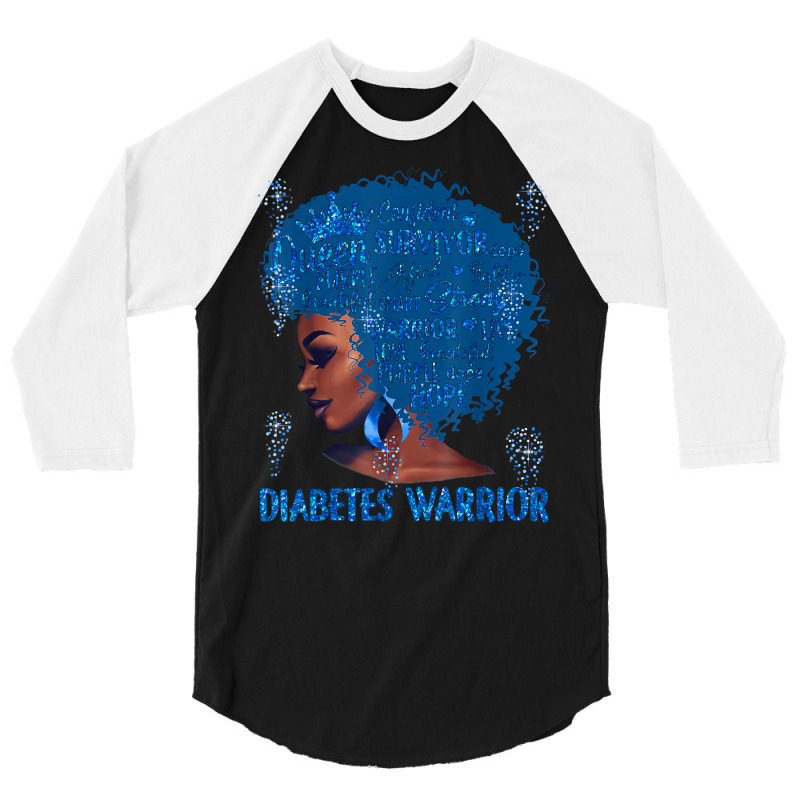 Black Woman Afro African Type 1 Diabetes Warrior Ribbon Blue T Shirt 3/4 Sleeve Shirt | Artistshot