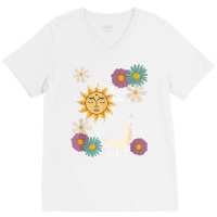 Cute Good Vibration Boho Sun Moon Flowers Energy Positive T Shirt V-neck Tee | Artistshot