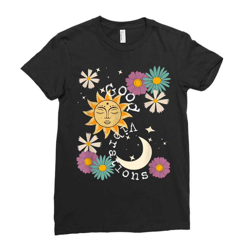 Cute Good Vibration Boho Sun Moon Flowers Energy Positive T Shirt Ladies Fitted T-Shirt by silviabzp | Artistshot