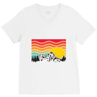 Wavy Retro Mountain Sunrise V-neck Tee | Artistshot