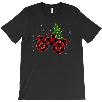 Monster Truck Christmas Plaid Pattern For Dark T-shirt Designed By Zeynep Utlu