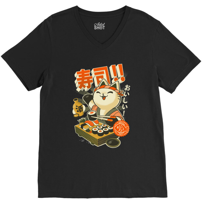 Sushi Chef Cat - Funny Restaurant Kitty - Japanese Food V-neck Tee | Artistshot