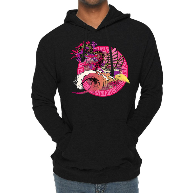 Fantasy Asian Japanese Oriental Dragon Riding Hokusai Wave T Shirt Lightweight Hoodie | Artistshot