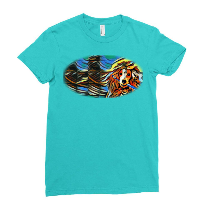 Cute Dog With Tooth Brush On Oom. Ladies Fitted T-Shirt by Kemnabi | Artistshot