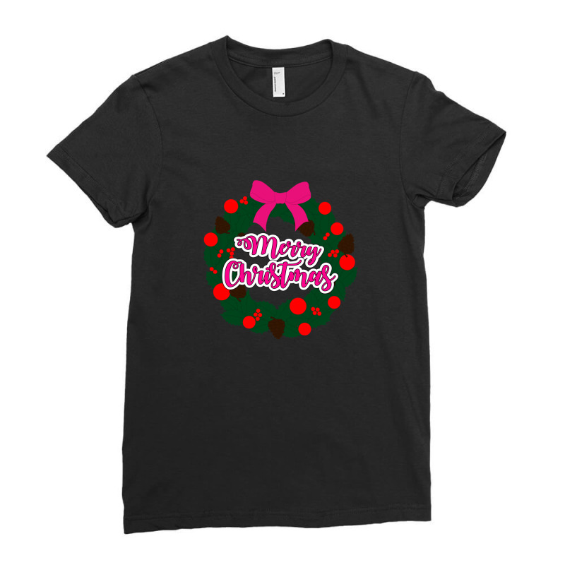 Green Red And Pink Wreath With Merry Christmas Text Overlay Ladies Fitted T-Shirt by TonyBanks | Artistshot