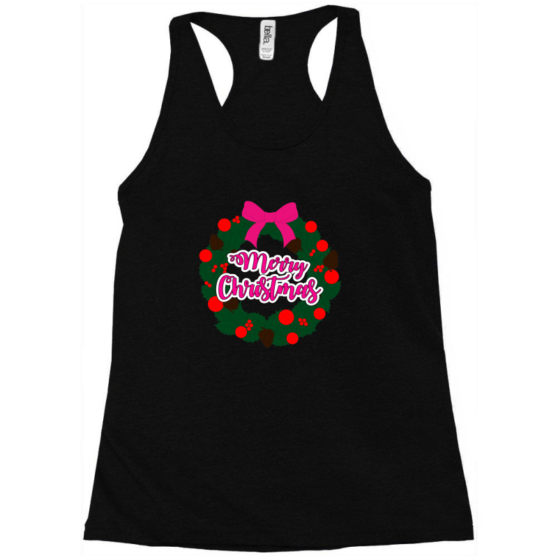 Green Red And Pink Wreath With Merry Christmas Text Overlay Racerback Tank by TonyBanks | Artistshot