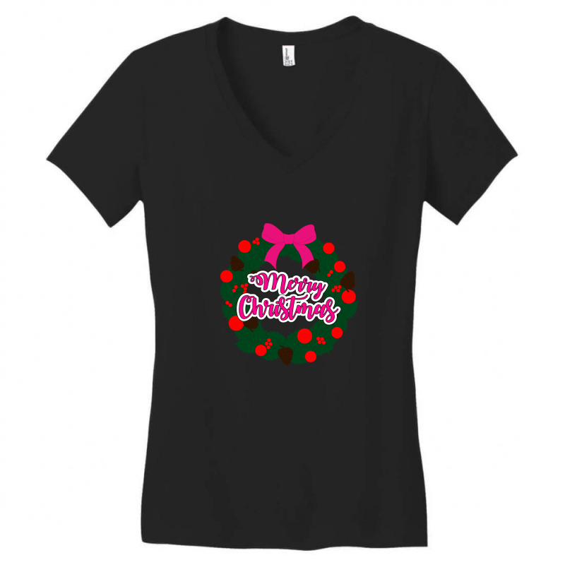 Green Red And Pink Wreath With Merry Christmas Text Overlay Women's V-Neck T-Shirt by TonyBanks | Artistshot