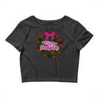 Green Red And Pink Wreath With Merry Christmas Text Overlay Crop Top | Artistshot