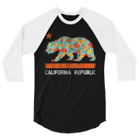 California Republic State Bear Star Poppy Flower La Cali Tee 3/4 Sleeve Shirt | Artistshot