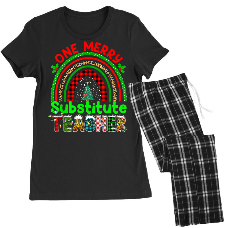 One Merry Substitute Teacher Rainbow Buffalo Plaid Xmas Tree T Shirt Women's Pajamas Set by anitrasargisg5b | Artistshot