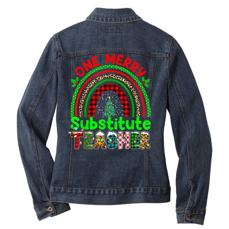 One Merry Substitute Teacher Rainbow Buffalo Plaid Xmas Tree T Shirt Ladies Denim Jacket by anitrasargisg5b | Artistshot