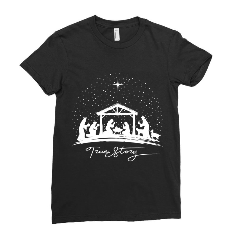 True Story Nativity Christmas Baby Jesus Manger Catholic Long Sleeve T Ladies Fitted T-Shirt by bettincam | Artistshot