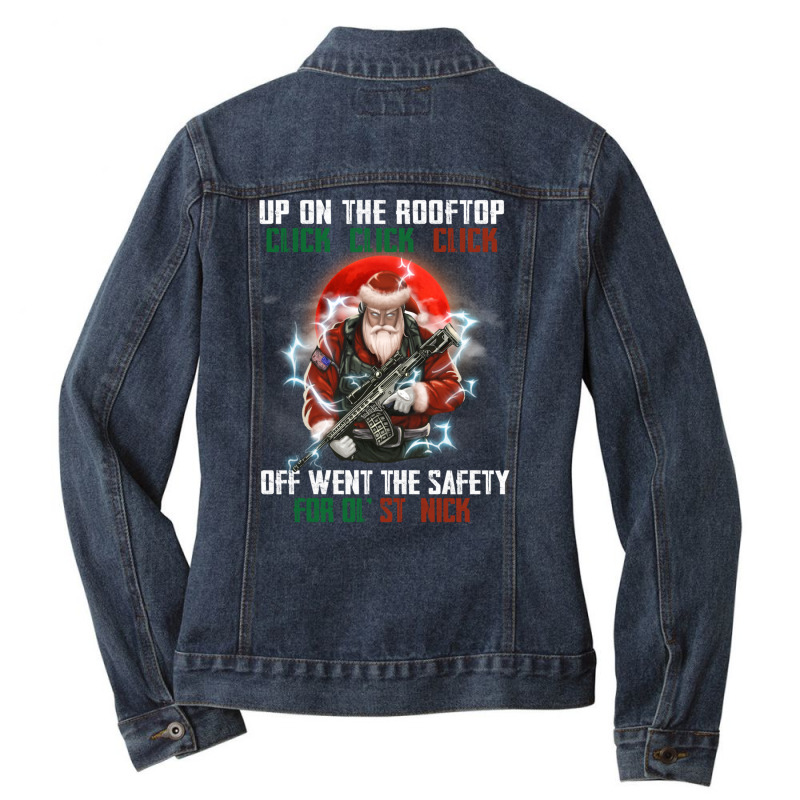 Up On The Rooftop Click Off Went The Safety Santa Anti Biden Long Slee Ladies Denim Jacket by bettincam | Artistshot