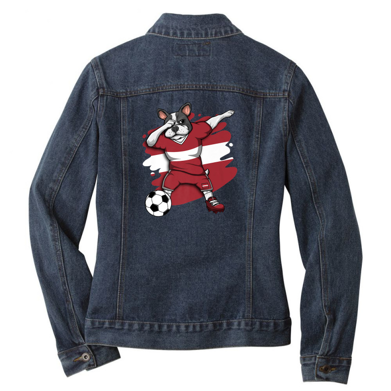 Dabbing French Bulldog Latvia Soccer Fans Jersey Football Ladies Denim Jacket by hingosjumiaht | Artistshot