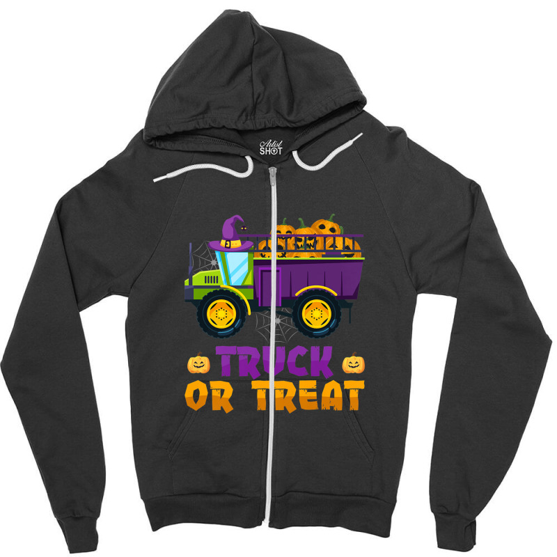 Kids Monster Truck Or Trick Halloween Costume Pumpkin Boys Kids Zipper Hoodie | Artistshot