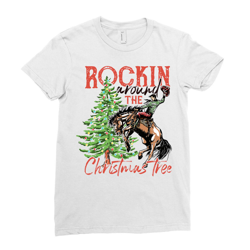 Funny Cowboy Horsing Rocking Around Christmas Tree Western Sweatshirt Ladies Fitted T-Shirt by dennh | Artistshot