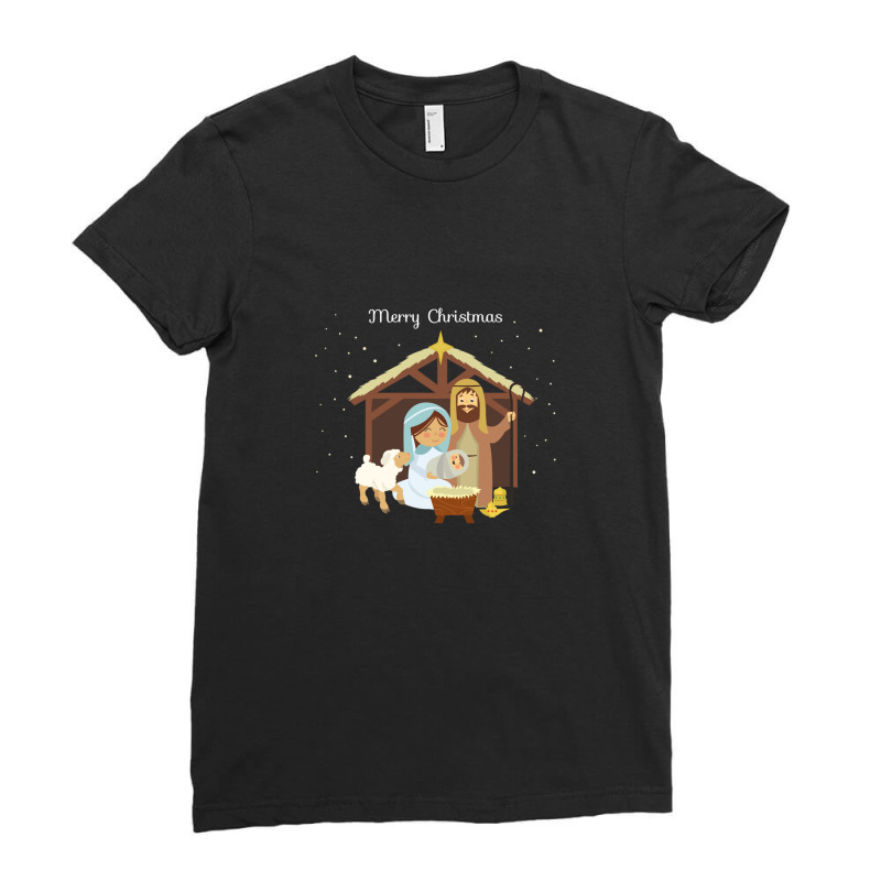 Merry Christmas & Nativity Scene Christian Ladies Fitted T-Shirt by TonyBanks | Artistshot