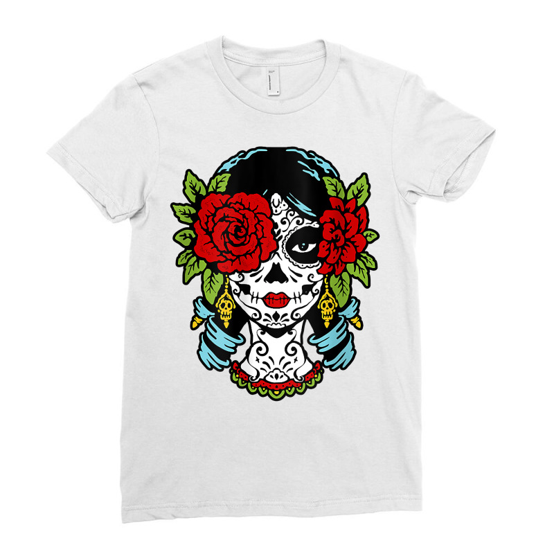 Catrina Sugar Skull Calavera Mexican Rose Eye   Art On Back Raglan Bas Ladies Fitted T-Shirt by towamingle | Artistshot