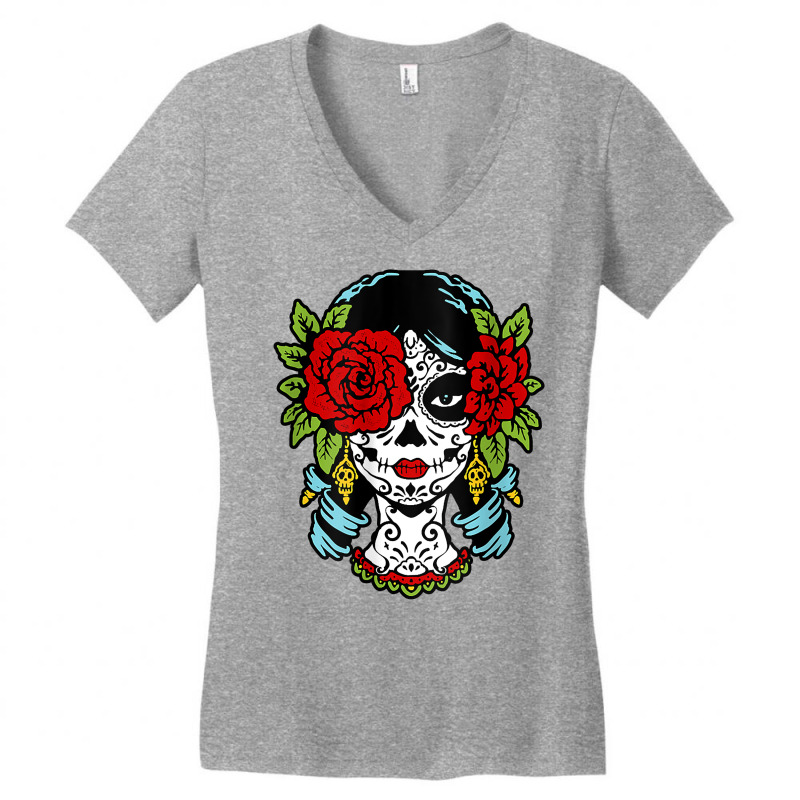 Catrina Sugar Skull Calavera Mexican Rose Eye   Art On Back Raglan Bas Women's V-Neck T-Shirt by towamingle | Artistshot