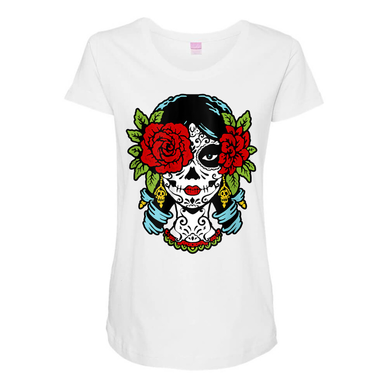 Catrina Sugar Skull Calavera Mexican Rose Eye   Art On Back Raglan Bas Maternity Scoop Neck T-shirt by towamingle | Artistshot