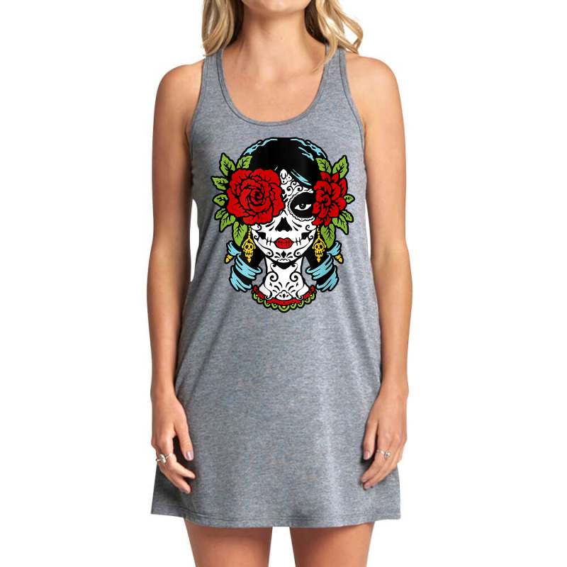 Catrina Sugar Skull Calavera Mexican Rose Eye   Art On Back Raglan Bas Tank Dress by towamingle | Artistshot