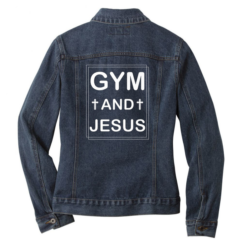 Gym And Jesus Christian Workout Fun Modern Fitness Lifestyle Ladies Denim Jacket by gazerdutlio | Artistshot