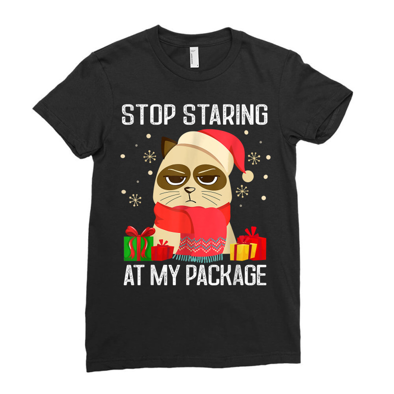 Funny Christmas Stop Staring At My Package Cat Lover T Shirt Ladies Fitted T-Shirt by mollyschq6z | Artistshot