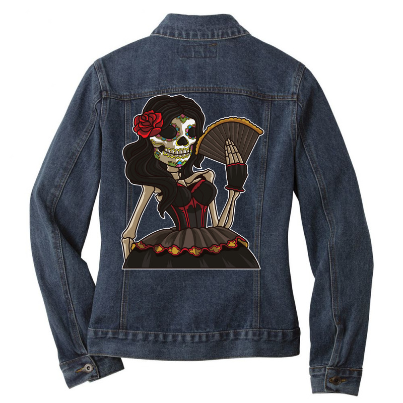 Skeleton Lady Of The Dead   La Calavera Catrina Santa Muerte Long Slee Ladies Denim Jacket by emaliekrein | Artistshot