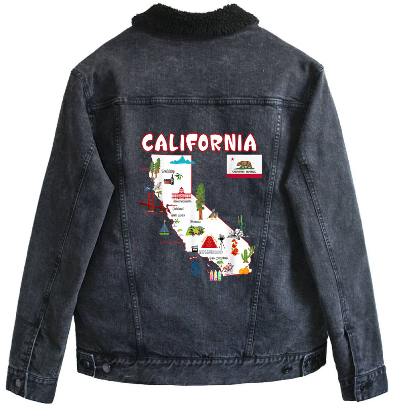 Map Of California Landmarks, Major Cities, Flag Unisex Sherpa-lined Denim Jacket | Artistshot