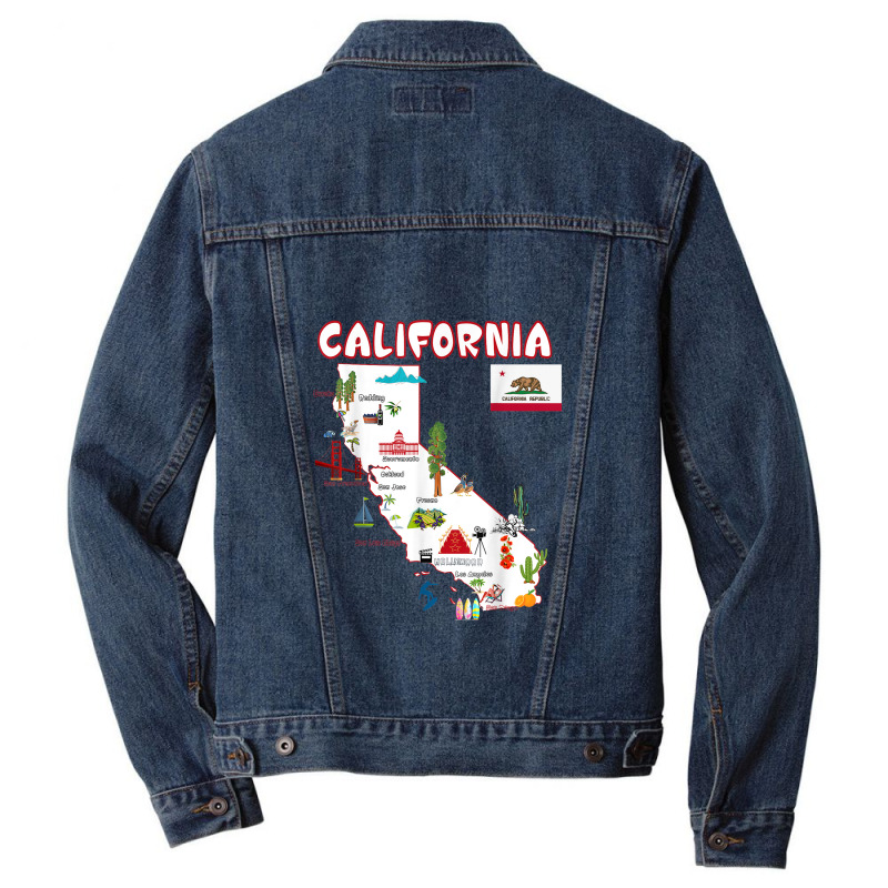 Map Of California Landmarks, Major Cities, Flag Men Denim Jacket | Artistshot