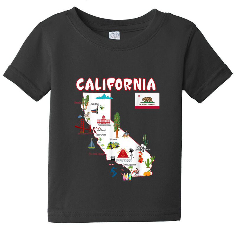 Map Of California Landmarks, Major Cities, Flag Baby Tee | Artistshot