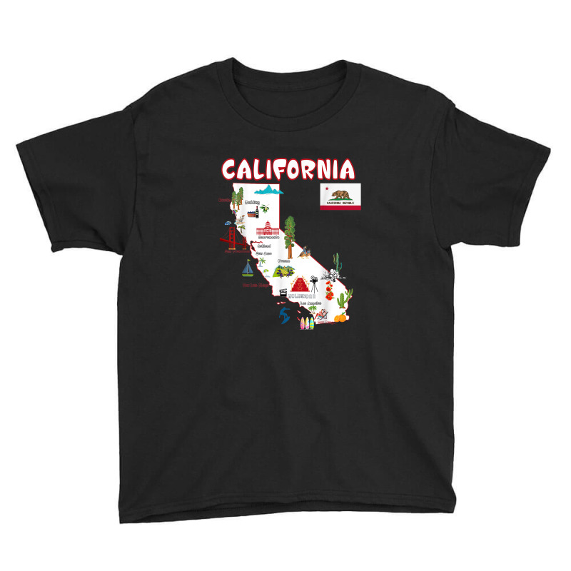 Map Of California Landmarks, Major Cities, Flag Youth Tee | Artistshot