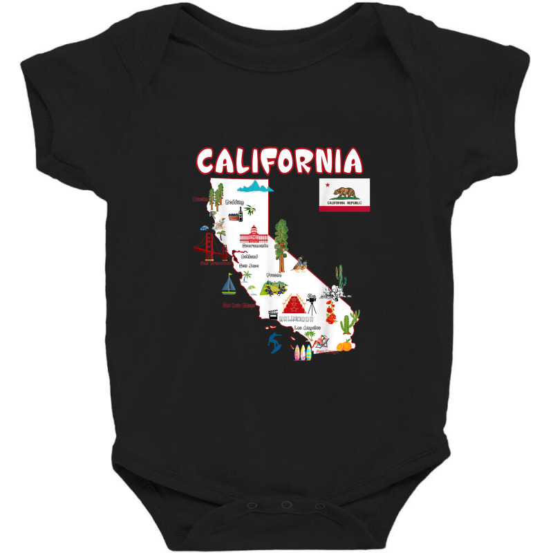 Map Of California Landmarks, Major Cities, Flag Baby Bodysuit | Artistshot