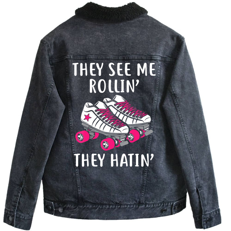 They See Me Rollin Roller Skates Roller Derby Unisex Sherpa-Lined Denim Jacket by Boomtea | Artistshot