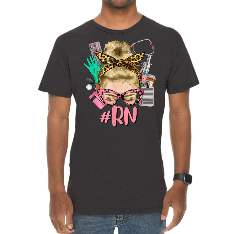 Rn Blonde Messy Bun Straight Hair Glasses Leopard Syringe T Shirt Vintage T-shirt | Artistshot