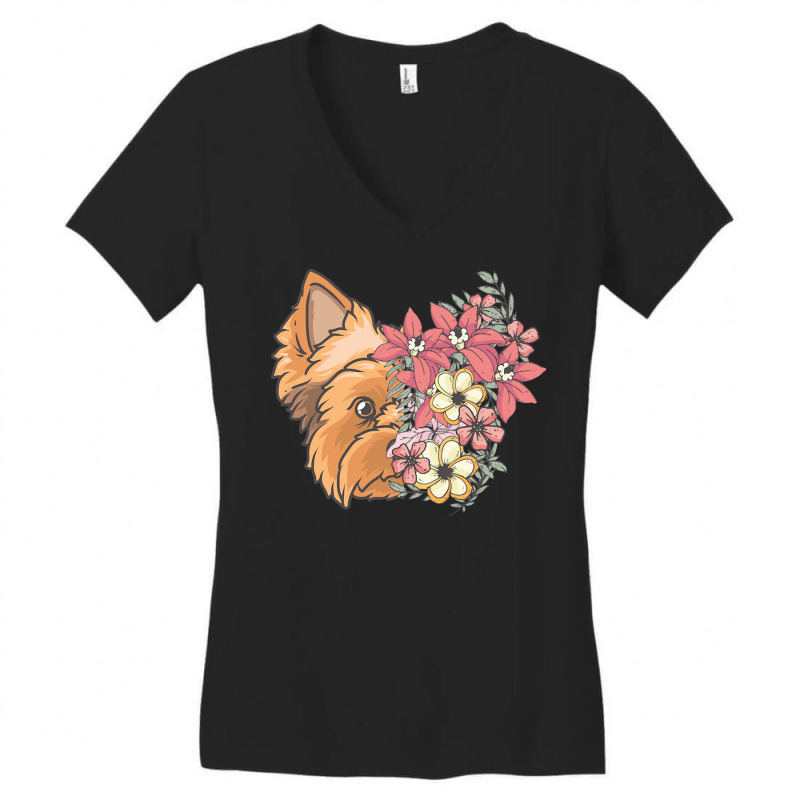 Yorkie T  Shirt Yorkshire Terrier With Flowers T  Shirt Women's V-Neck T-Shirt by antwanbartell660 | Artistshot