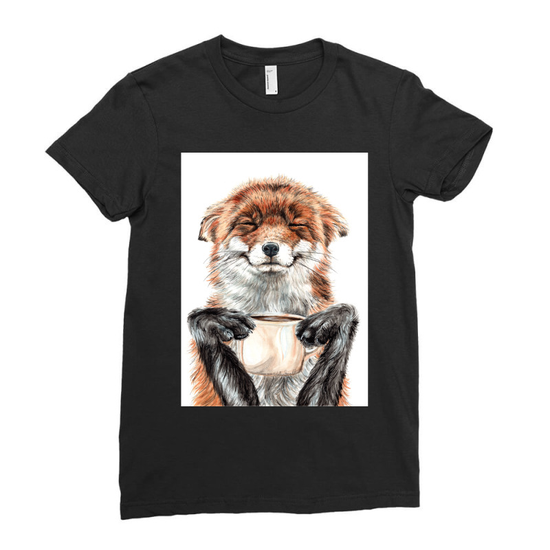 Morning Fox Cute Coffee Animal Ladies Fitted T-Shirt by DARRELLWAYNEWELLS | Artistshot