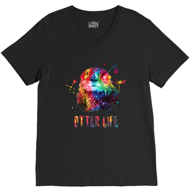 Sea Otter Life Rainbow Watercolor Bright Splatter Shirt V-neck Tee | Artistshot