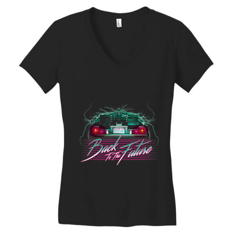 Back To The Future Delorean 80's Style Neon Women's V-Neck T-Shirt by bummercaught | Artistshot