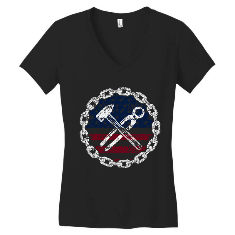 American Flag Ironworker And Tools Women's V-Neck T-Shirt by greggjvandervor | Artistshot