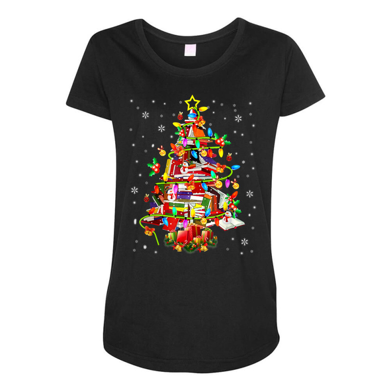 Christmas Library Tree Lights Funny Librarian Book Lover T Shirt Maternity Scoop Neck T-shirt by castuvtruc | Artistshot