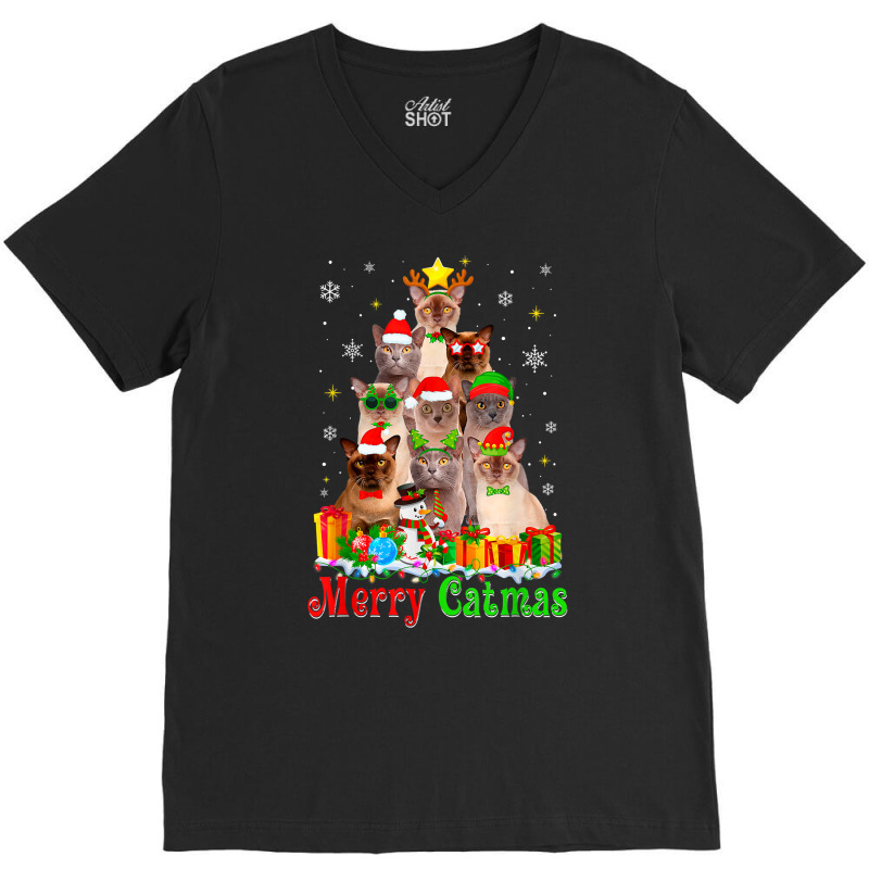 Merry Catmas Cute Burmese Cat Christmas Tree Xmas Lights T Shirt V-neck Tee | Artistshot