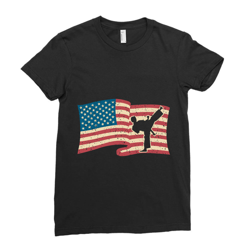 American Flag Karate Kick Silouette Design Ladies Fitted T-Shirt by Pannell Quintero | Artistshot