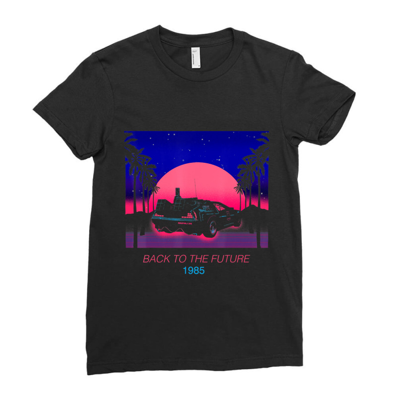 Back To The Future 1985 Neon Delorean Sunset Ladies Fitted T-Shirt by femalesbaubles | Artistshot