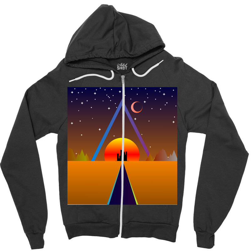 Retro Sunset, Triangle And Moon, Retro Landscape Zipper Hoodie | Artistshot