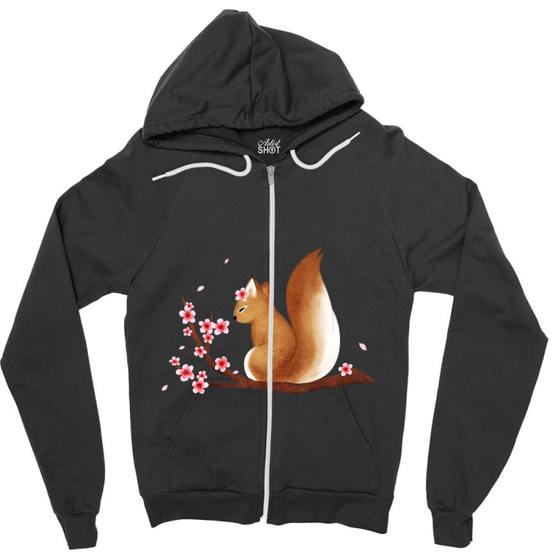 Vintage Squirrel Japanese Cherry Blossom Flower Zipper Hoodie by degreesgunner | Artistshot