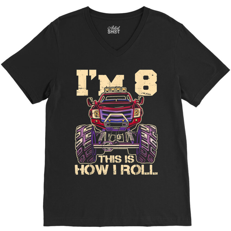 Funny Kids Monster Truck 8th Birthday Party  Gift V-neck Tee | Artistshot