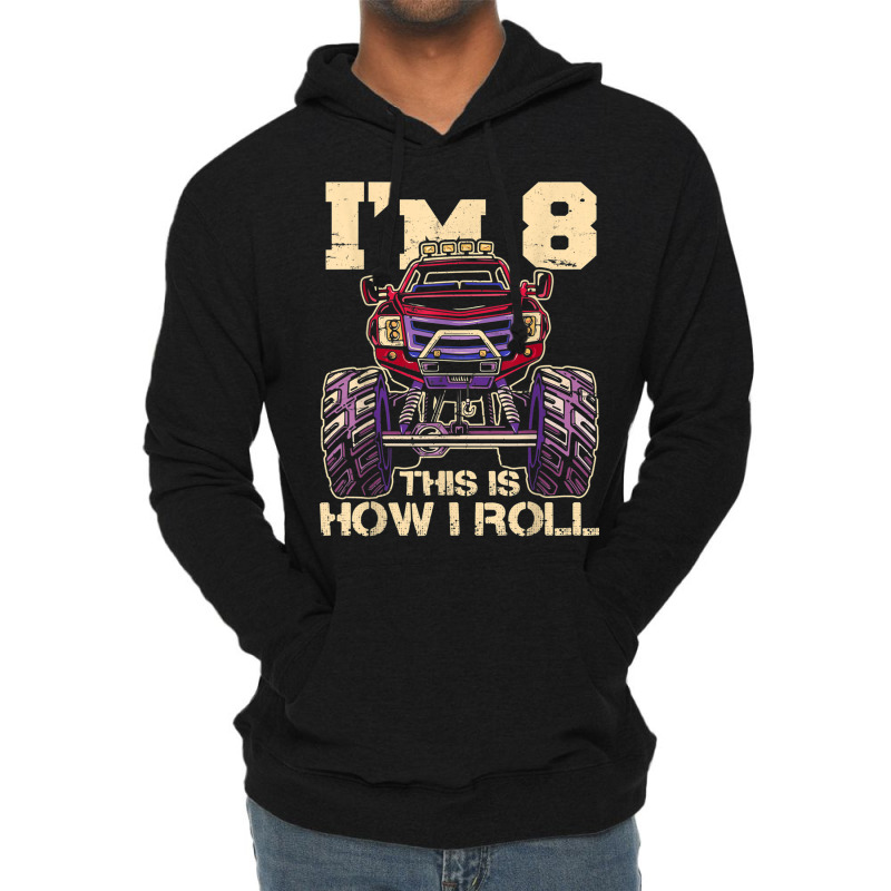 Funny Kids Monster Truck 8th Birthday Party  Gift Lightweight Hoodie | Artistshot